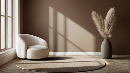 Photo of a brown wall with an armchair and round rug on the floor, a vase of pampas grass in front of it. Web banner with copy space on the right. --chaos 30 --ar 16:9 --v 6.1 Job ID: 36db026e-5d20-42d6-bb01-645efa95f1a5の素材