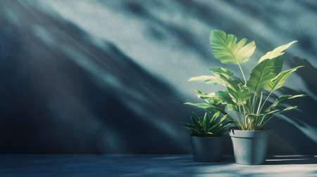 Dark blue empty wall with classic decoration and potted plants on the floor, interior design of modern home or office space background with copy space, 3D rendering mock-up. --chaos 30 --ar 16:9 --v 6.1 Job ID: a60ccc7b-fa43-42bf-8df8-af0667b34470の素材