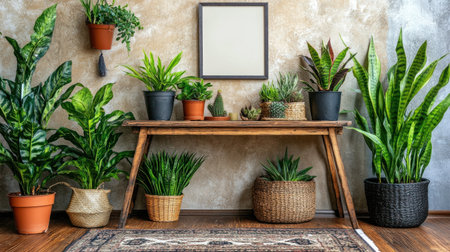 Minimalist retro indoor garden with vintage wooden table, chair, and plants near a beige wall mockup with a poster in a simple frame. Template of a stylish home interior design for a living room, kitchen, or dining space. Ground shot, natural light. --chaos 30 --ar 16:9 --v 6.1 Job ID: a5761208-ef1f-4b9d-b7ff-5a7ec29d3ad6の素材