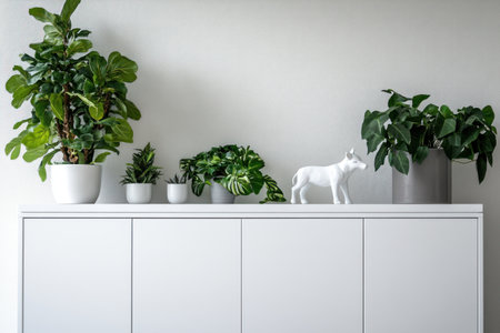 Minimalist white sideboard with plants and an animal figurine, close-up on the empty space for text or product display in a contemporary home interior design, in the style of Unsplash photography, detailed. --ar 3:2 --v 6.1 Job ID: 925c477b-3766-4dbb-a8a8-d3563777efaeの素材