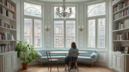 Modern interior of an apartment in London: white walls with subtle wallpaper patterns, wooden floor, large bay window overlooking the city, dining table and chairs, bookshelves, light blue sofa, green plants, soft lighting from a ceiling chandelier. Photographed using a Canon EOS M50 Mark II camera. --chaos 30 --ar 16:9 --v 6.1 Job ID: b1bc4952-70c1-46a7-8b46-7b37e0341150の素材