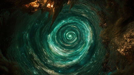 An emerald green, swirling galaxy against a black background, captured in a close-up, cinematic view. A dark fantasy scene, with an epic feel. --chaos 30 --ar 16:9 --v 6.1 Job ID: 50d95911-337d-4259-b6f4-784ecf98f100の素材