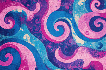 A psychedelic, vibrant pattern of pink and blue colors with swirling patterns reminiscent of the 1970s rock scene. The background is a textured surface that adds depth to the image. --ar 3:2 --v 6.1 Job ID: 9e1d3203-1f75-44a7-a936-98ee69a07ad3の素材