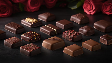 A variety of chocolates arranged on the table, with roses in the background. The chocolates are in different shapes and colors, including white, milk, or dark chocolate pralines. The focus should be on the details such as textures, color, and shape of each confectionery piece. The chocolates are on a black wooden surface. The image was shot using studio lighting and a Nikon D850 DSLR camera. --chaos 30 --ar 16:9 --v 6.1 Job ID: 44112adc-38ef-4305-92b5-8a20de8fa425の素材