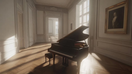 Stylish interior of living room with black piano, wooden parquet and white walls in scandinavian style , + photo taken by Canon R6 --chaos 30 --ar 16:9 --v 6.1 Job ID: 1b75b513-bd9e-4ae3-87e9-b44f5444b7c5の素材