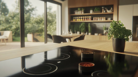 Modern kitchen with a black and white color scheme. In the center is an island table with an electric stove. On one side, there is space for pots and pans. On another wall, a shelf is filled with spices. Atop the shelf, you can see two chairs and a plant pot. The background features large windows with wooden frames and a wooden floor. The kitchen furniture is in a modern design style. This is a photorealistic photograph. --chaos 30 --ar 16:9 --v 6.1 Job ID: f7b35481-37be-45f2-aeb2-808820f9a8bfの素材