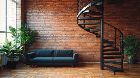 Industrial interior design, living room with brick wall and spiral staircase, modern sofa, wooden floor, in the style of industrial style --chaos 30 --ar 16:9 --v 6.1 Job ID: 3a0c774c-3cb7-4cff-bca2-94a17d7033d4の素材