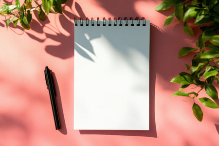A5 white blank paper mockup on a pastel background with shadows from plants, a summer concept. --ar 3:2 --v 6.1 Job ID: a0004a94-57b4-4037-b2b3-6810dd7c4e77の素材
