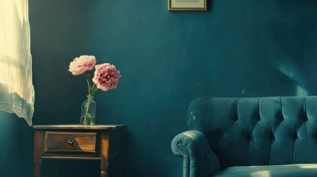 Modern interior design with a blue sofa and wooden coffee table against a dark teal wall background. Minimalist home decor with a decorative pink flower in a vase on a white floor, with copy space for your text or banner mock-up. --chaos 30 --ar 16:9 --v 6.1 Job ID: c45c98ed-cdb5-4558-9cce-1f2ac7193adbの素材