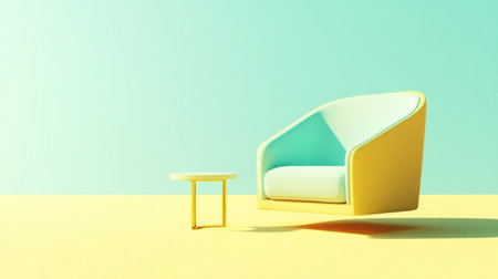 Modern interior design with an armchair and side table on a yellow background. The colors used are yellow and turquoise, with a 3D rendering. This is a minimalist home decor setup. It is a flat lay composition, with empty space for text. This is a stock photo with 2/3 of the frame available for copy. --chaos 30 --ar 16:9 --v 6.1 Job ID: eb4e2cdf-7084-4059-9447-0b5fce266881の素材