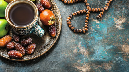 Ramadan background, in the color black and blue, with Arabic-style , dates and fruit on the left side plate, a coffee cup in the middle of the picture, wooden beaded necklace extending from the right to the bottom, and white space around the elements for adding text. The image has a photorealistic quality. --chaos 30 --ar 16:9 --v 6.1 Job ID: 0b65be08-9983-44fc-b0a4-f98ff518e4ffの素材
