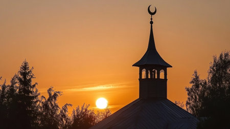 Silhouette of an Islamic mosque against the background of a sunset sky with a crescent moon. --chaos 30 --ar 16:9 --v 6.1 Job ID: 8adb8429-9f12-4958-ae2c-4c72f67026e5の素材