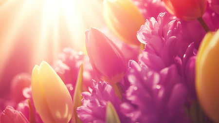 Colorful tulips and purple hyacinths in a spring meadow with sunrays. Spring background banner, invitation card template. Panorama. --chaos 30 --ar 16:9 --v 6.1 Job ID: 9b6b1728-43d3-4da7-bdaa-c5723c0161c1の素材