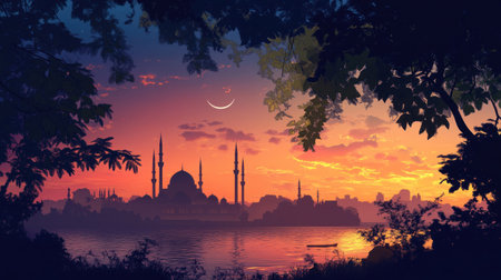 Silhouette of an Islamic mosque against the background of a sunset sky with a crescent moon. --chaos 30 --ar 16:9 --v 6.1 Job ID: 8adb8429-9f12-4958-ae2c-4c72f67026e5の素材