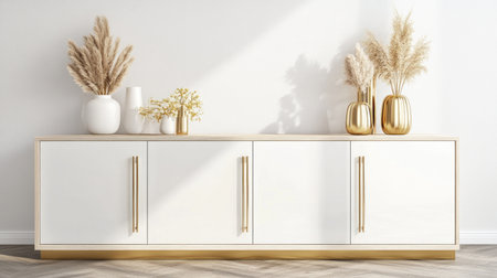Modern sideboard in white and gold tones against the background of an empty wall with a door, front view, 3D rendering --chaos 30 --ar 16:9 --v 6.1 Job ID: b9a42c28-3814-44dd-b2ee-3afff4eb3739の素材