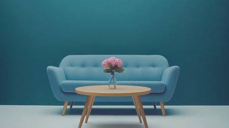 Modern interior design with a blue sofa and wooden coffee table against a dark teal wall background. Minimalist home decor with a decorative pink flower in a vase on a white floor, with copy space for your text or banner mock-up. --chaos 30 --ar 16:9 --v 6.1 Job ID: c45c98ed-cdb5-4558-9cce-1f2ac7193adbの素材