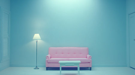 Photograph of a pastel pink sofa in front of an empty white wall, accompanied by a coffee table and floor lamp. --chaos 30 --ar 16:9 --v 6.1 Job ID: a87690ae-0bd3-4a27-b497-f600ed81c688の素材