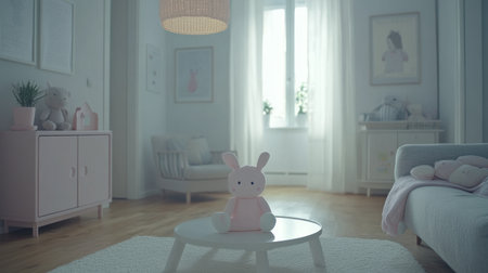 Scandinavian-style living room interior with a wooden floor, white walls, and soft pastel-colored furniture. A coffee table is placed in front of a grey sofa, with framed posters and paintings on the wall behind it. A hanging pendant lamp is above an armchair near a cabinet on a sideboard, and there are green plants in the room. Natural light streams in from a window. --chaos 30 --ar 16:9 --v 6.1 Job ID: 0d66d17b-39ec-40d1-a0fb-de1d5de84bb2の素材