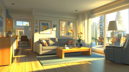 Photo of a spacious living room in Amsterdam, with white walls and a light wood floor. A grey sofa sits in the center, and a window with curtains on the right side overlooks a garden. A coffee table, armchair, and chairs are also present. The room is brightly lit, with sunrays streaming through the windows, creating a clean, airy look. --chaos 30 --ar 16:9 --v 6.1 Job ID: 4178e917-6fe8-4d94-b985-cde7dacd08b0の素材