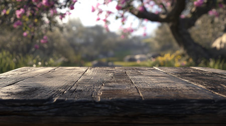 Old wooden table with a blurred spring background. Spring meadow and blooming apple tree in the sunlight. Generative AI, empty space for product display montage stock photo. 2/3 space for text. --chaos 30 --ar 16:9 --v 6.1 Job ID: 606f7cbb-620b-4cd4-bd1e-f645f150965eの素材