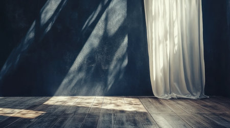 Photo of a navy blue wall with white curtains and a wooden floor, creating an empty room mockup. Web banner with copy space on the right. --chaos 30 --ar 16:9 --v 6.1 Job ID: 91fa25b4-87cf-4e66-b7d6-ccae73030917の素材