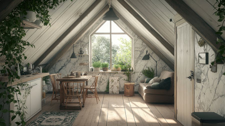 The modern interior of the living room and kitchen is in a white color with a wooden floor, marble wall panels, and green plants. The ceiling is sloping, and there is an entrance door on the right side, large windows, cozy furniture, lamps above the table, a dining set, and a sofa near the window. This is a realistic rendering captured with a wide-angle lens. --chaos 30 --ar 16:9 --v 6.1 Job ID: 083e8e5a-e7f3-4154-bacc-51dd05d6cd1cの素材