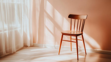 Photo of a minimalist wall with a single wooden chair, featuring a beige color scheme. The background is plain and uncluttered, providing space for text or graphics on the left side. This setting creates an elegant atmosphere suitable for showcasing product designs or digital art in the style of a contemporary style. --chaos 30 --ar 16:9 --v 6.1 Job ID: 5052f86b-ca64-4ccd-9623-3c93a6dd246dの素材