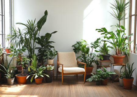 Photo of a minimalist room with wooden flooring and white walls, featuring an armchair and potted plants. Web banner with copy space on the right. --ar 7:5 --v 6.1 Job ID: 6f38ba01-7003-479f-8ca2-747512bb519cの素材
