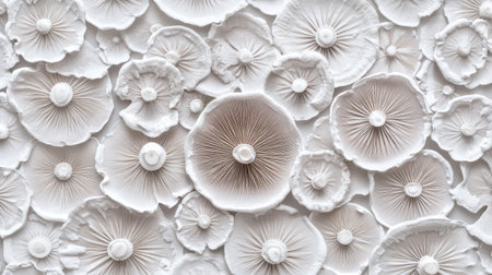 White mushroom background, a symmetrical pattern, hyper-realistic photography. --chaos 30 --ar 16:9 --v 6.1 Job ID: 9c2df131-66fe-40ad-8b4e-c748a6bbbcb6の素材