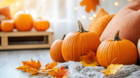 Sofa with autumn-themed pillows in a cozy living room, white walls and a light grey floor, a wooden shelf holding pumpkins and fall decorations, warm lighting from a ceiling lamp. Bright daylight streams through the window. --chaos 30 --ar 16:9 --v 6.1 Job ID: 56a27440-55b5-43ed-ac48-1316ce2c4188の素材