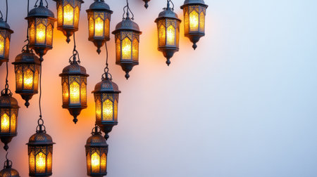 Ramadan concept with Arabic lanterns and dates on a white background, with copy space for text. --chaos 30 --ar 16:9 --v 6.1 Job ID: 735dec6e-0990-45ad-bacd-627964e70e8fの素材
