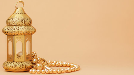 Photo of a golden lantern and rosary on a beige background, with copy space for text. Web banner-style stock photo with a copyspace area to the right side. --chaos 30 --ar 16:9 --v 6.1 Job ID: 7f3c0516-693f-4d60-99b3-f3789e695a28の素材