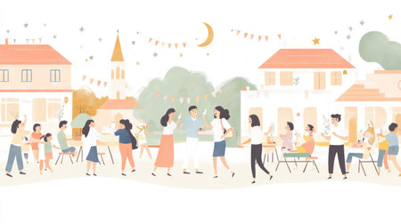Vector illustration of a set of Ramadan Kareem illustrations, with people in their houses and outside wearing white celebrating the holy month, a night scene, a mosque, a crescent moon, a family gathering for an iftar dinner table, vector art, a pastel color palette, a white background, flat design, detailed character designs, high resolution, no text on the images, 2D. --chaos 30 --ar 16:9 --v 6.1 Job ID: 65f05cb1-5d3e-45a0-9b2e-24eadb46a462の素材