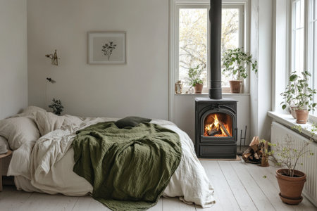 Scandinavian-style bedroom with a fireplace and wooden floor, white walls, a green blanket on the bed, minimalist furniture, natural light from the window, plants in pots, a neutral color palette, and a cozy atmosphere. --ar 3:2 --v 6.1 Job ID: 83ef9cd5-b181-430f-a1d4-1d3be6e11705の素材
