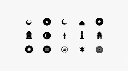Vector icons for Ramadan, flat design style, monochrome, simple shapes, no details, white background, pack of icons in different sizes and styles, icon sheet, 30 minimalistic simple black icons with Ramadan elements. --chaos 30 --ar 16:9 --v 6.1 Job ID: 942c88b6-74bd-4fd3-ae4e-61a7b6edd4a2の素材
