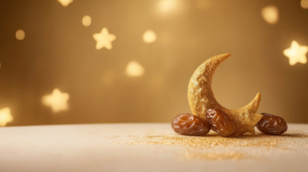 Wooden carved crescent moon and star with dates on a white table, against a golden background for a Ramadan concept. Banner, with copy space. --chaos 30 --ar 16:9 --v 6.1 Job ID: 5ccf362e-b030-4fd9-bd7b-3889ac7ce837の素材