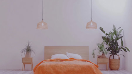 White wall with wooden bed and orange blanket, two small nightstands on each side of the bed, hanging lamps, plant in a basket near the headboard, Scandinavian interior design, mock-up photography. --chaos 30 --ar 16:9 --v 6.1 Job ID: d207f8f1-1c32-46ae-b820-f67ffe75a399の素材