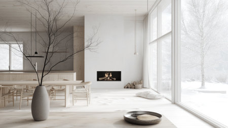 White minimalist interior of a modern house with an open kitchen and dining area, a tall tree in a vase on the floor, and a fireplace. --chaos 30 --ar 16:9 --v 6.1 Job ID: 90c5b73b-b064-47b6-87a5-da1834b54d0eの素材