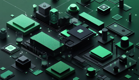 Green and black isometric shapes floating on a dark background, a minimalistic design with clean lines, simple forms, and geometric shapes. Flat colors, low detail, and high contrast create a modern graphic design. --ar 26:15 --v 6.1 Job ID: 22f2c25b-2bbe-4dd2-8896-664fe217700aの素材