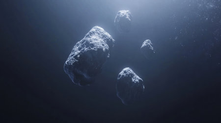 4 small asteroids floating in the asteroid belt, photorealistic, rendered in Octane, created in Unreal Engine, hyper-detailed, with a cinematic look and feel. --chaos 30 --ar 16:9 --v 6.1 Job ID: d6b71240-0208-4cf2-88b5-9871345b7626の素材