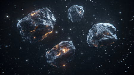 4 small asteroid-like rocks floating in space, black background, hyper-realistic, Octane render, 3D model, Unreal Engine. --chaos 30 --ar 16:9 --v 6.1 Job ID: 63a3ca8b-f7d3-40e1-939c-d74d04917090の素材