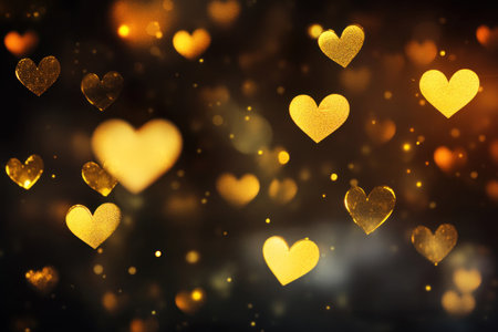Blurred background of golden hearts on black, glowing lights. --ar 3:2 --v 6.1 Job ID: f2a8655e-1629-4cf7-b517-d7486e513768の素材
