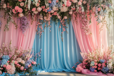 A pink and blue backdrop with flowing curtains, covered in flowers, creates an enchanting atmosphere for photoshoots. --ar 3:2 --v 6.1 Job ID: 481cf25e-1032-49f1-b4aa-73e6b137a0adの素材
