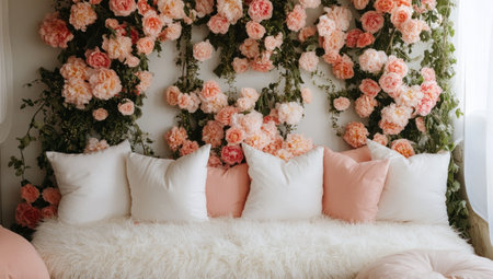 A wall of pastel pink flowers and white fluffy pillows, resembling a studio backdrop for photography, decorated with soft coral-colored floral garlands. --ar 53:30 --v 6.1 Job ID: b0d2936d-3137-4d2f-a21d-3a0f1abde14bの素材