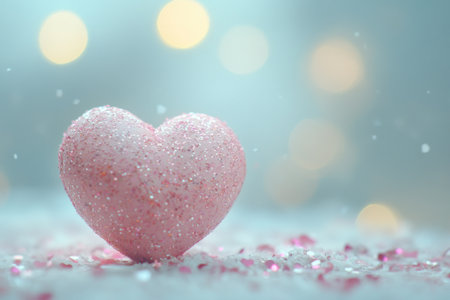 A pink, heart-shaped object with glitter and confetti on a soft, pastel background, symbolizing love for Valentine's Day or special events. The heart is centered in the frame against a blurred bokeh of sparkling lights, creating an atmosphere of romance and celebration. --ar 3:2 --v 6.1 Job ID: 4178a41e-fa48-42bb-a2ed-57d46a1e9901の素材