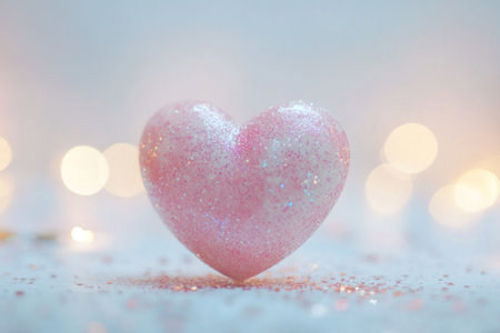 A pink, heart-shaped object with glitter and confetti on a soft, pastel background, symbolizing love for Valentine's Day or special events. The heart is centered in the frame against a blurred bokeh of sparkling lights, creating an atmosphere of romance and celebration. --ar 3:2 --v 6.1 Job ID: 4178a41e-fa48-42bb-a2ed-57d46a1e9901の素材