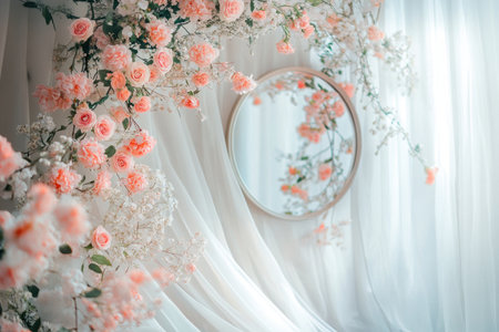 A wall of tulle and flowers, a wedding backdrop with floral arches and a round mirror in the background, pink roses, white curtains, soft lighting, a whimsical fantasy, delicate romanticism, a boho style, a naturalistic floral arrangement, a fairy tale vibe, and magical photography. --ar 3:2 --v 6.1 Job ID: b38b7703-3a66-4866-b146-66122632072fの素材