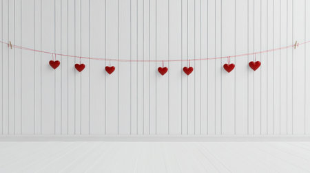 A white wall with red hearts hanging on a clothesline, a simple and clean background. The white wall, white floor, and red heart-shaped fabric or cloth material hearts hanging from above create a minimalist, high-resolution scene perfect for Valentine's Day decoration or flat lay photography. No text or logos are present. --chaos 30 --ar 16:9 --v 6.1 Job ID: 3d67a902-0772-499b-9b48-51bae25c1bb9の素材