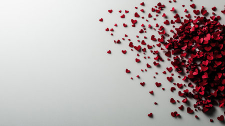 A Valentine's Day-themed background with red confetti hearts scattered across the top, set against a white backdrop for design and text space. --chaos 30 --ar 16:9 --v 6.1 Job ID: e8e37836-e860-4947-bb63-b65ddada0604の素材
