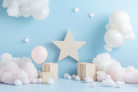 A wide frame with a pastel blue background and white clouds. Balloons and wooden boxes are on the floor, with a large light wood star in the center and small stars around it. The scene features cotton candy, pastel colors, and soft lighting with gentle shadows. --ar 3:2 --v 6.1 Job ID: 877b8aea-e127-46e9-b733-31d048ac1c02の素材